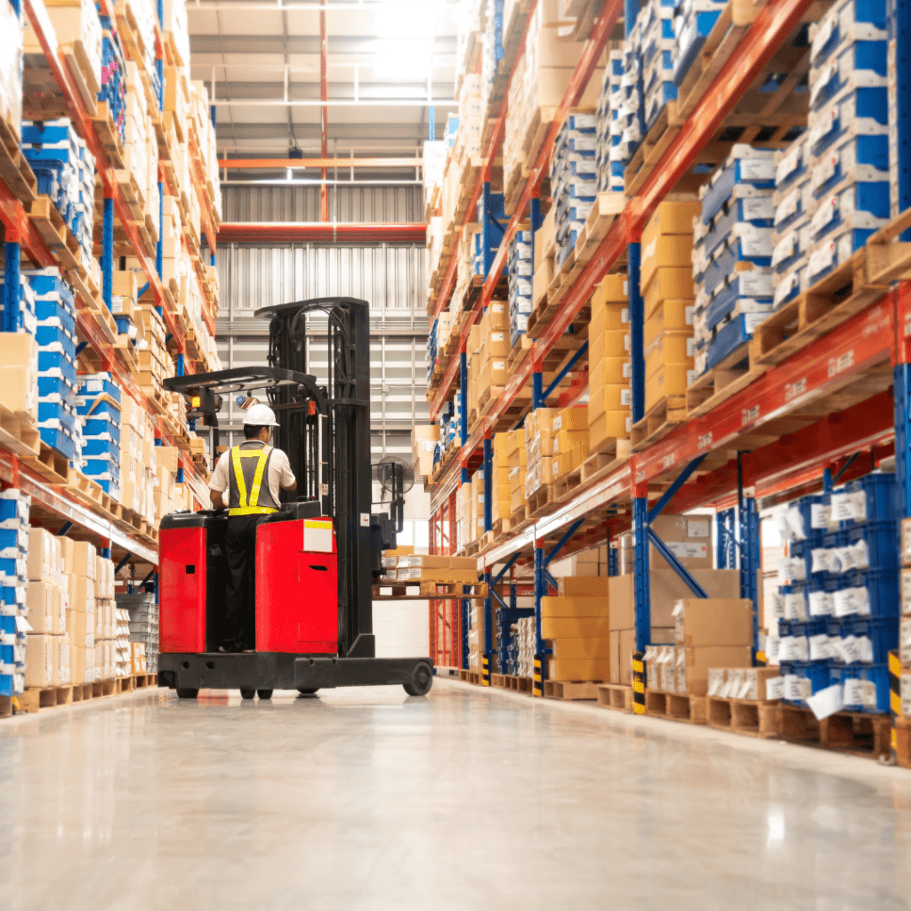 Organized and efficient warehouse with forklift in aisle
