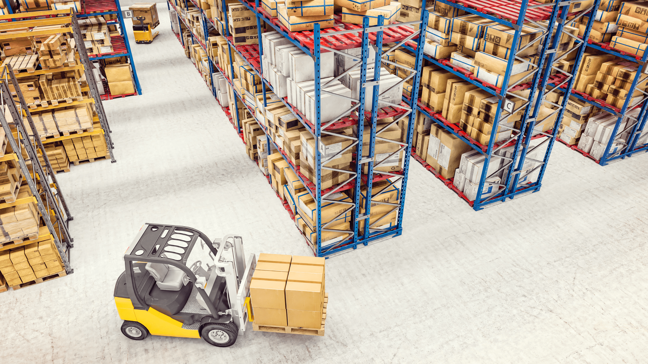 forklift with pallet load moving through shelves