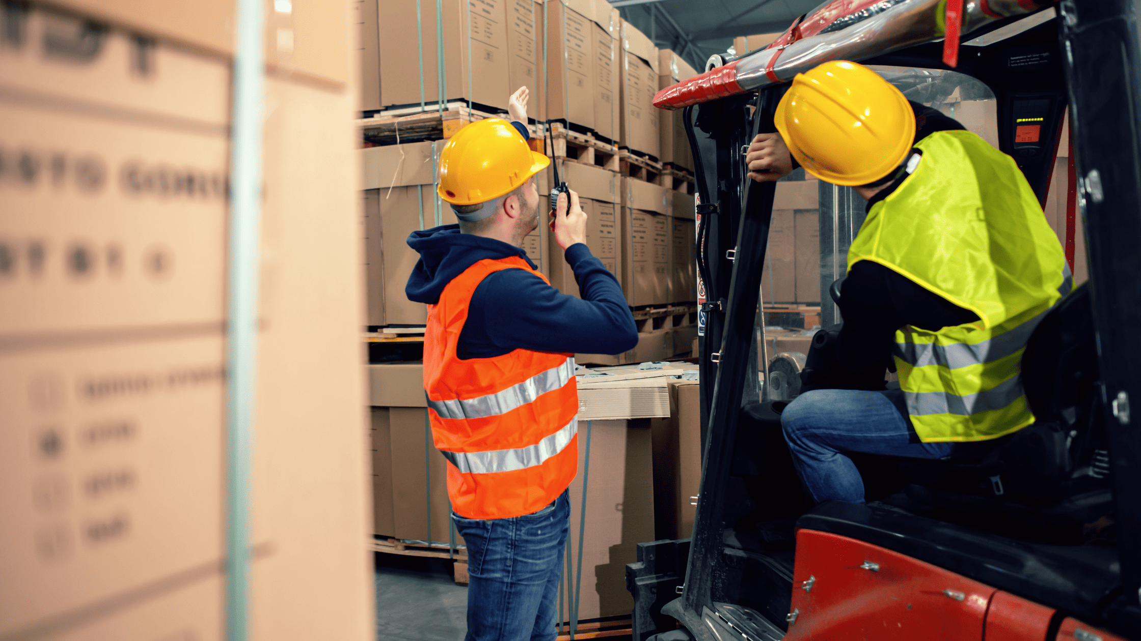 Forklift operator and pedestrian discussing box load